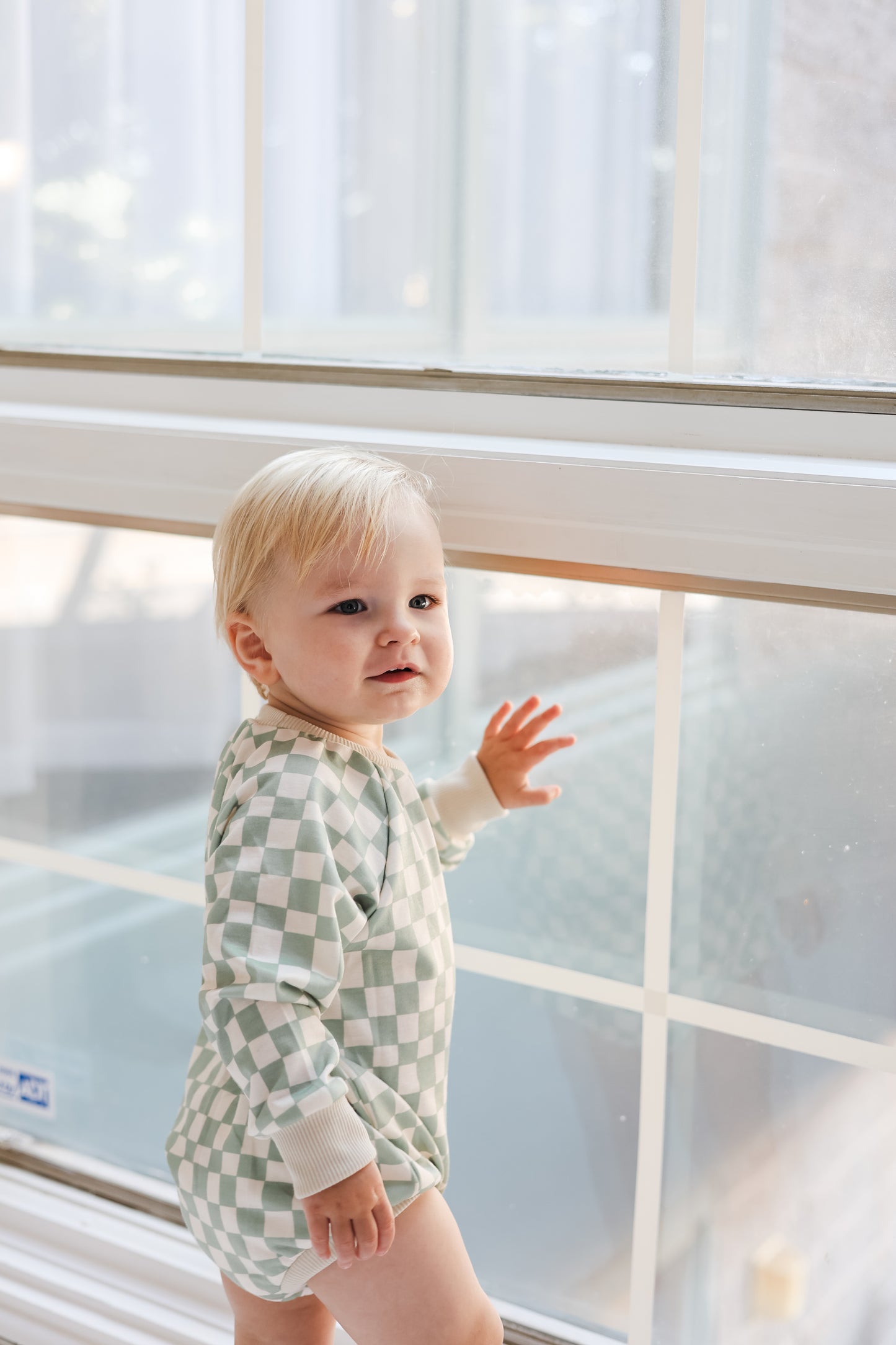 Wavy Check Long Sleeve Romper