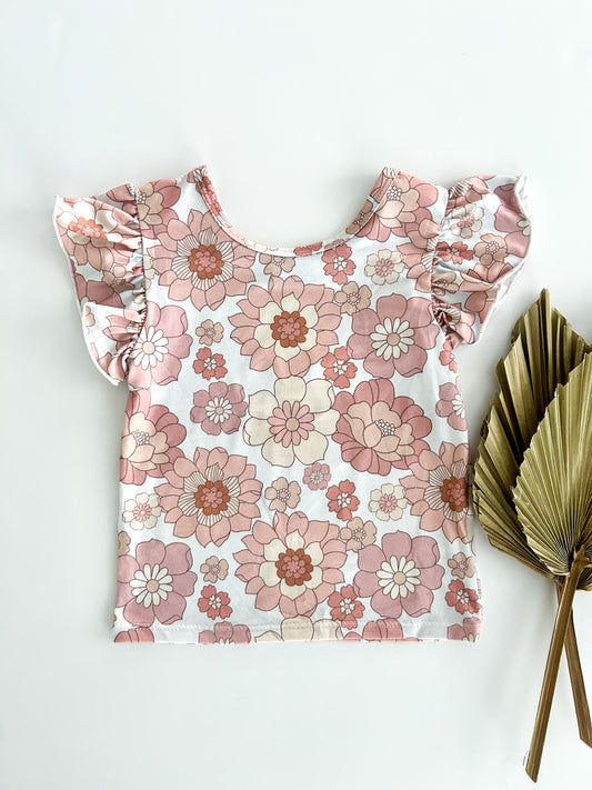 Retro Flower Flutter Sleeve Shirt