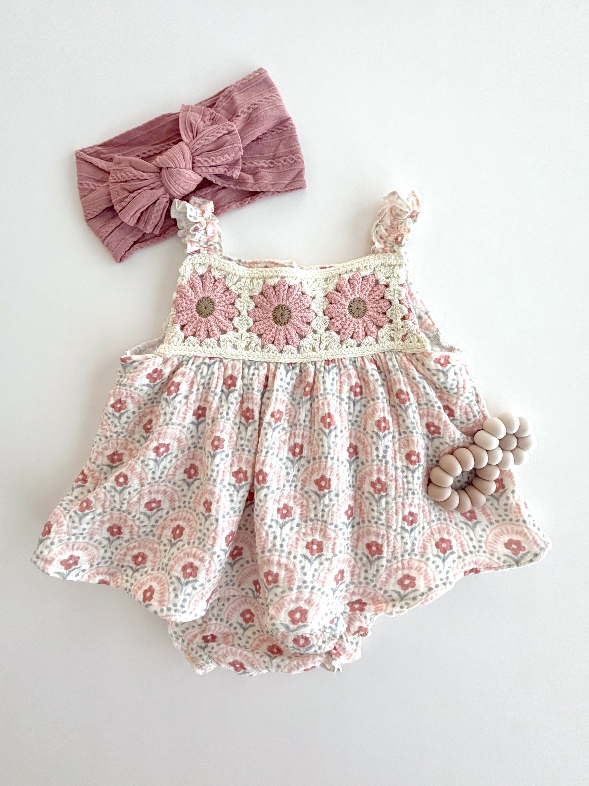crochet romper dress Crochet Romper with Embroidery Medium / White with Tonal Blues
