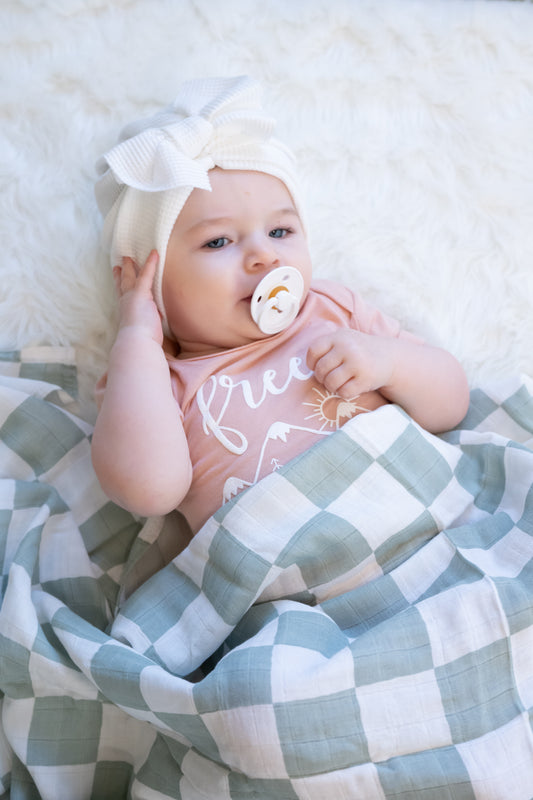 Teal Checker Muslin Bamboo Blanket